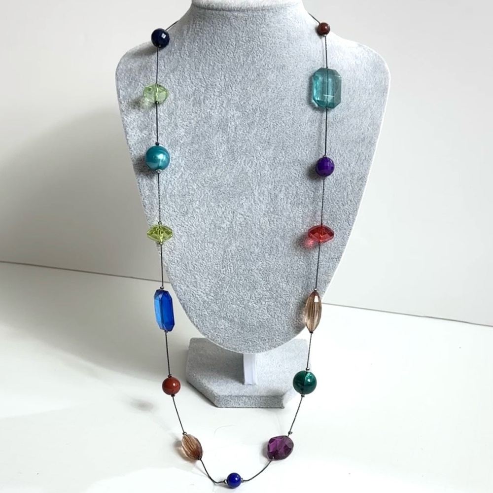 Multi-Color Beaded Long Station Opera Necklace 36" Charcoal Tone